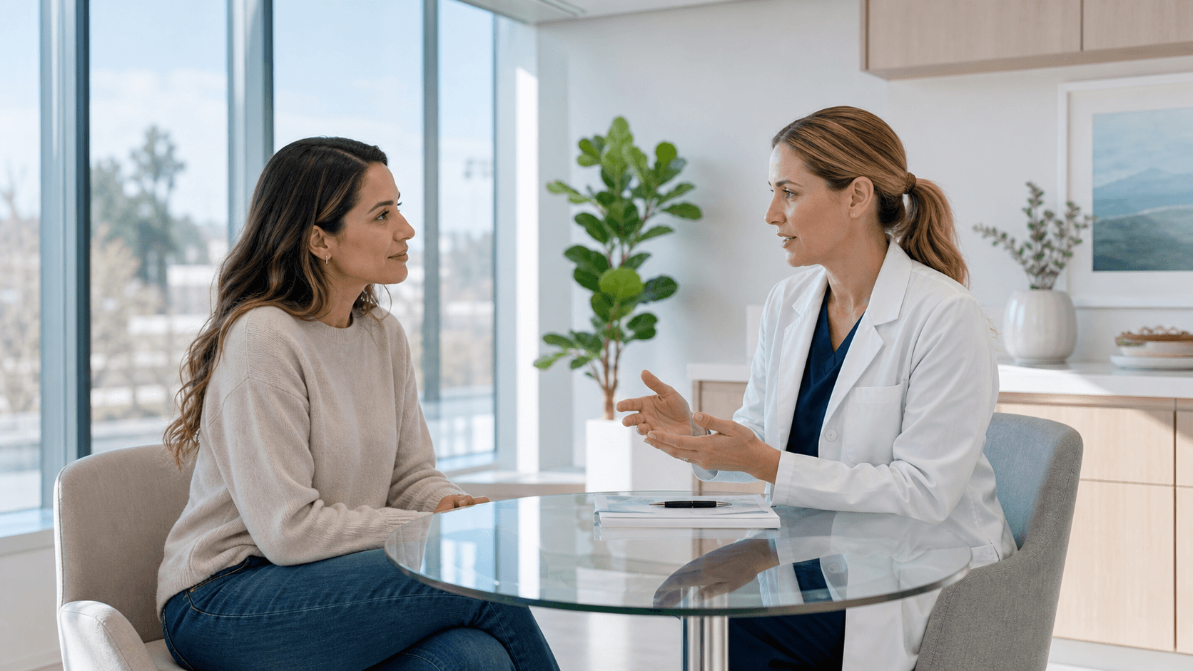 A medium-shot consultation scene with an adult woman and clinician reviewing options in a bright modern office, emphasizing route choice and informed decision-making.