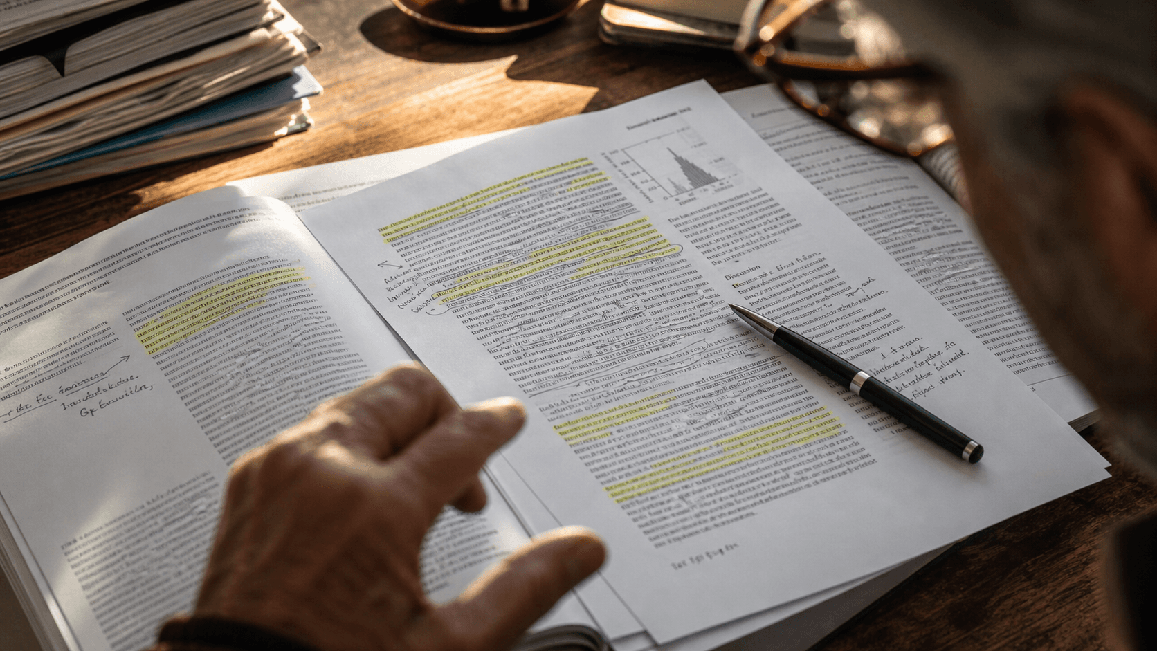 A close desk-level study scene with printed research pages, annotations, and late-afternoon light.