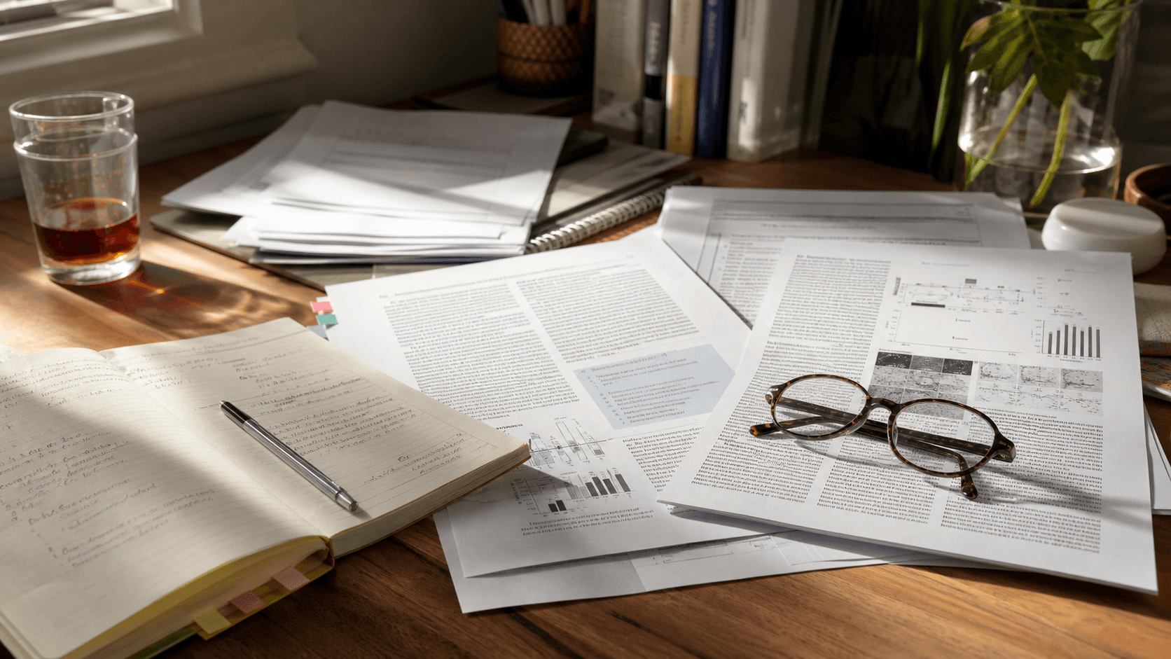 A research-led beauty desk with printed skincare studies, a notebook, and afternoon window light.