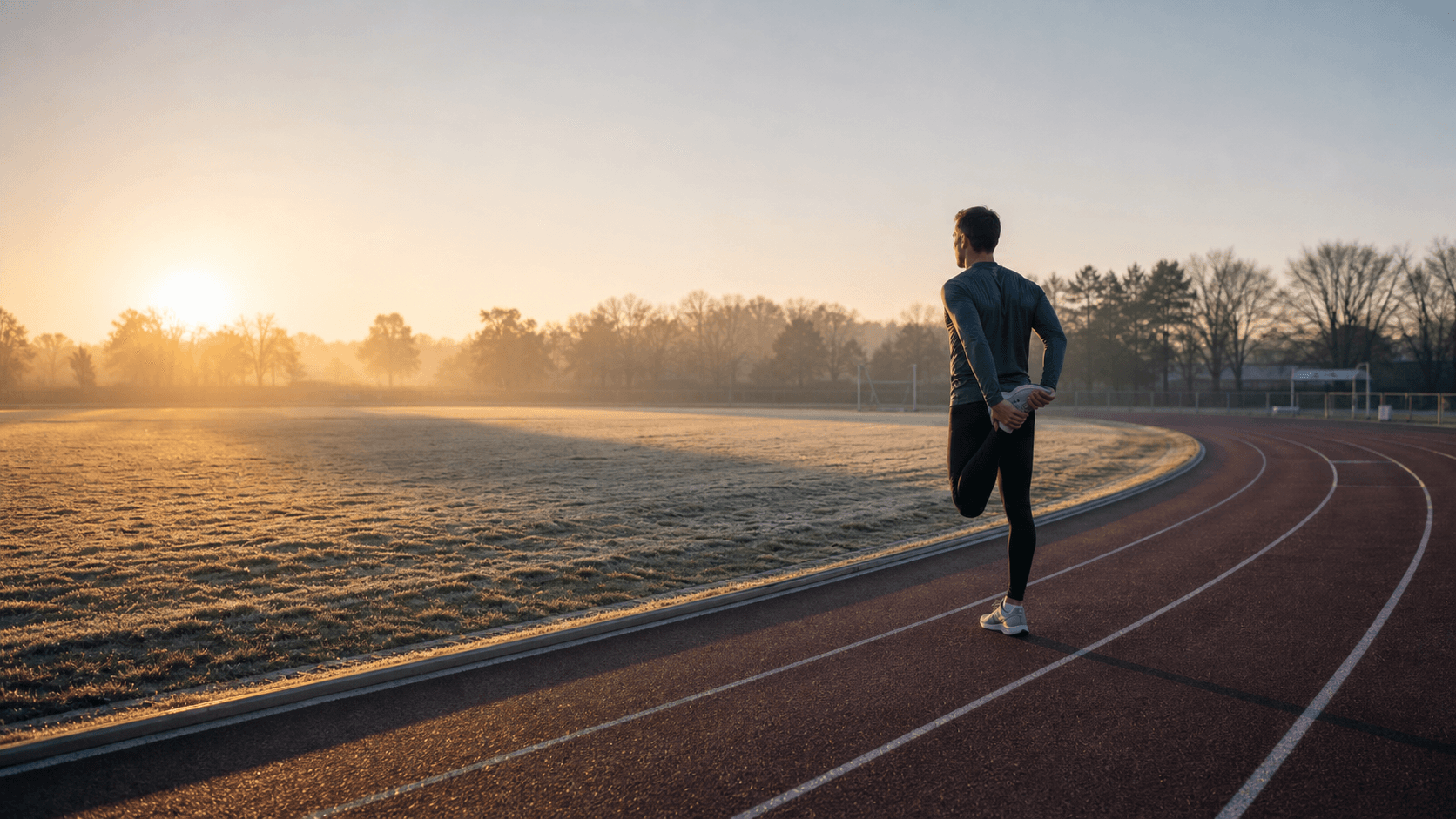 A runner on an outdoor track pausing mid-stretch at sunrise, suggesting practical recovery timing rather than lab theory.