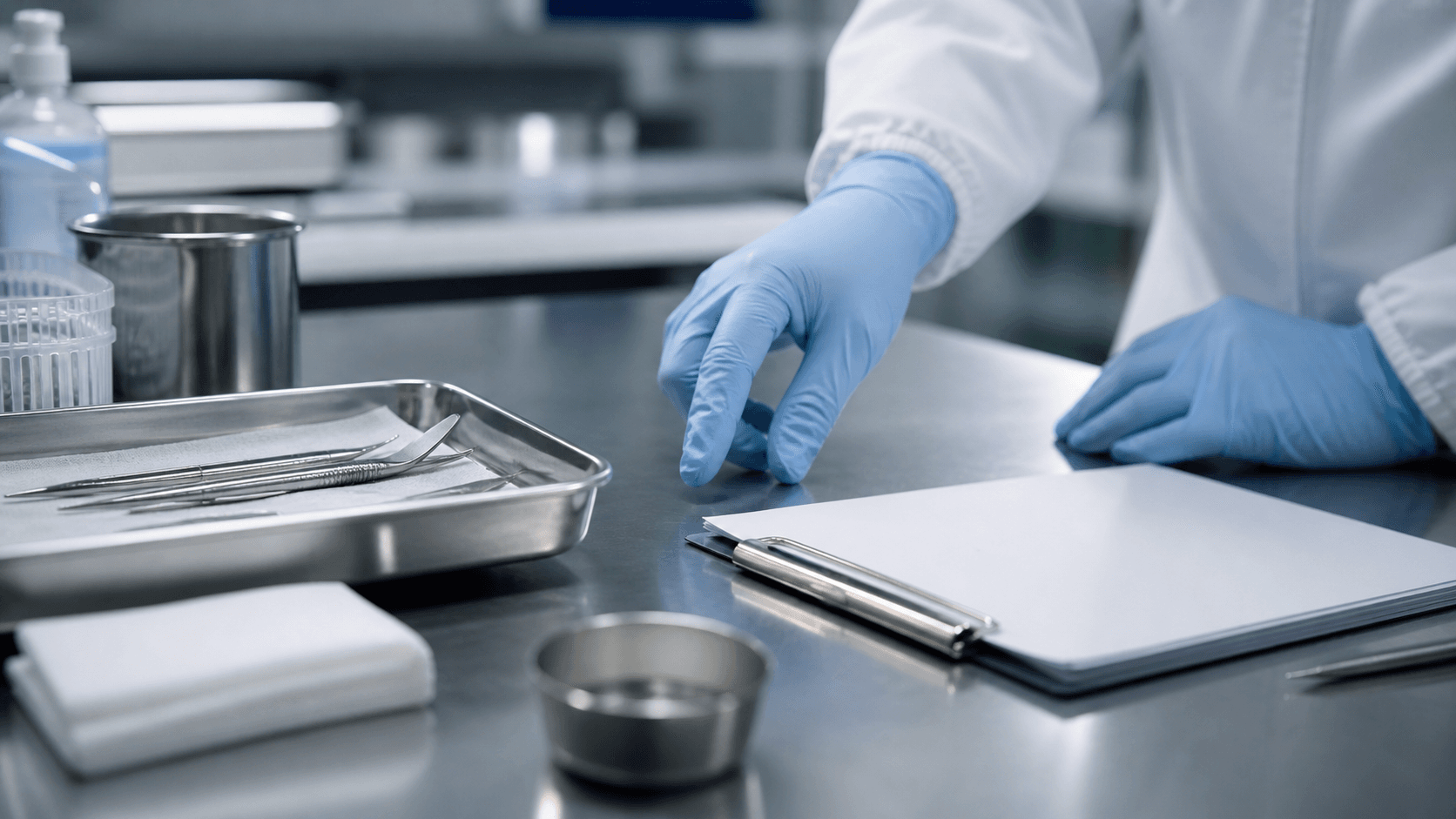 A pharmacist-like workstation with gloved hands, stainless tools, and a checklist in a clean sterile-prep environment.