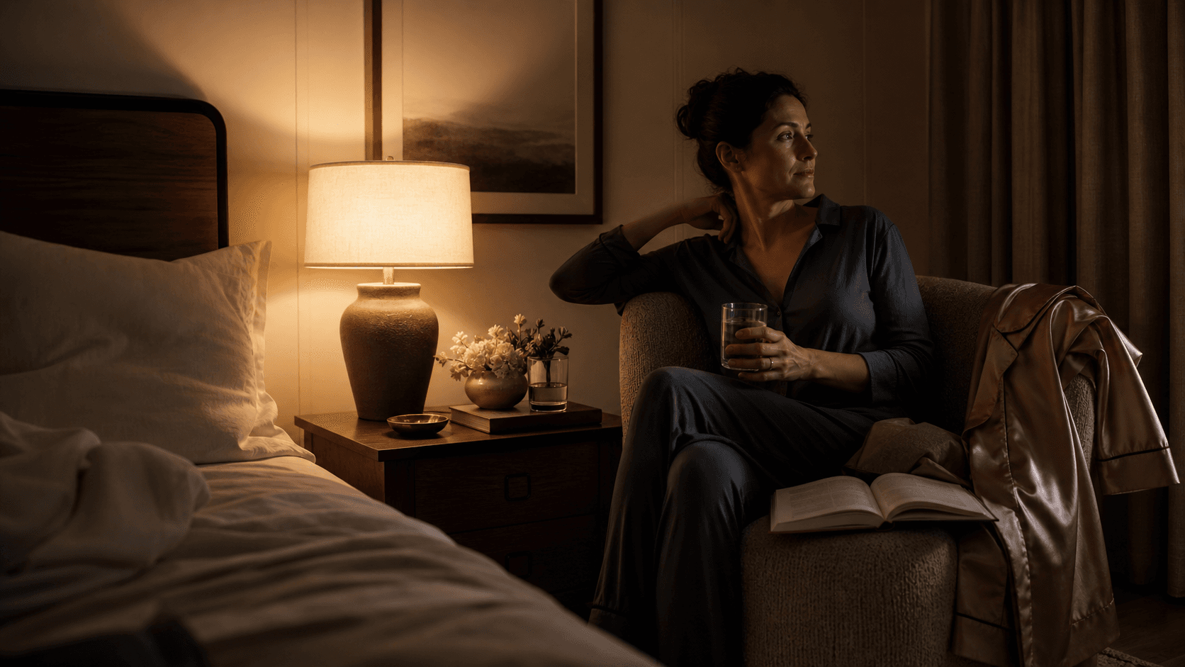 An elegant evening bedroom corner with bedside lamp, water glass, book, and silk robe—emphasizing timing and routine.