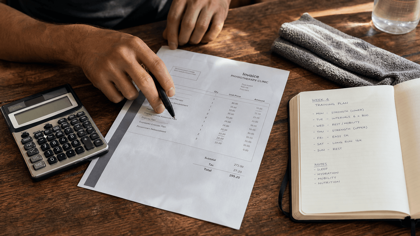 A close editorial scene of a calculator, clinic invoice, and workout notebook on a wooden table.