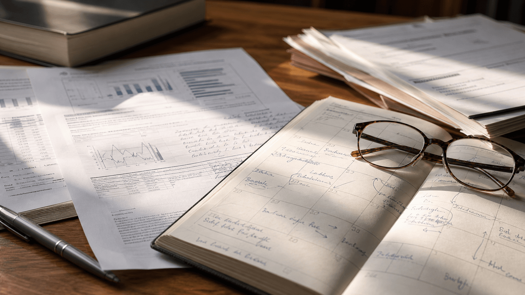 Printed study pages, a rehab calendar, and handwritten notes spread across a wooden desk in daylight.