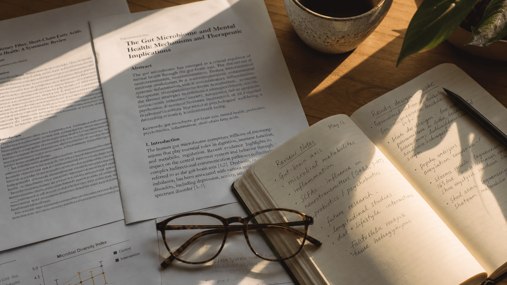Organized work surface with printed research papers and journals, reading glasses, open notes—suggesting careful research methodology.