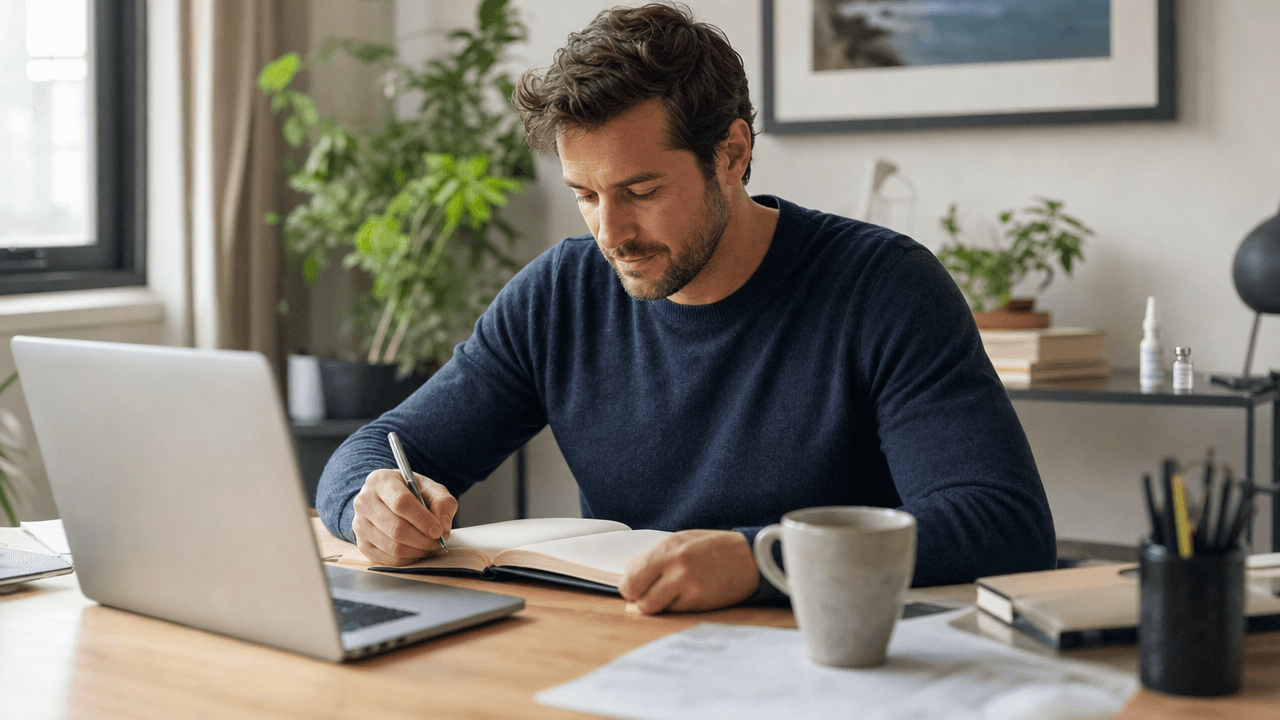 A person at a desk with clear focus and calm expression, working through a task without visible stress or tension, natural daylight, warm and grounded mood