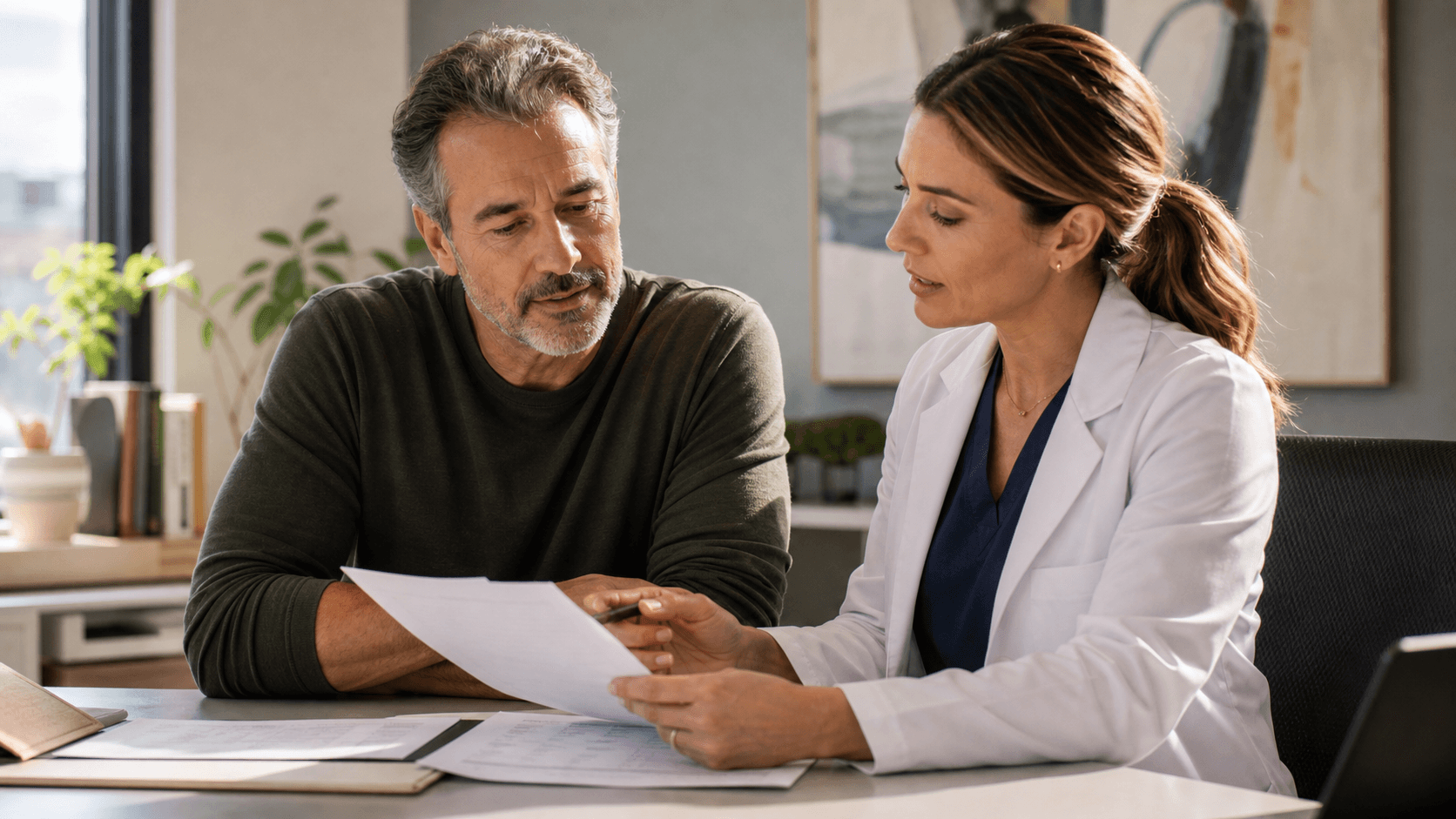 A clinician and patient reviewing lab results together in a bright consultation room, focused and collaborative.