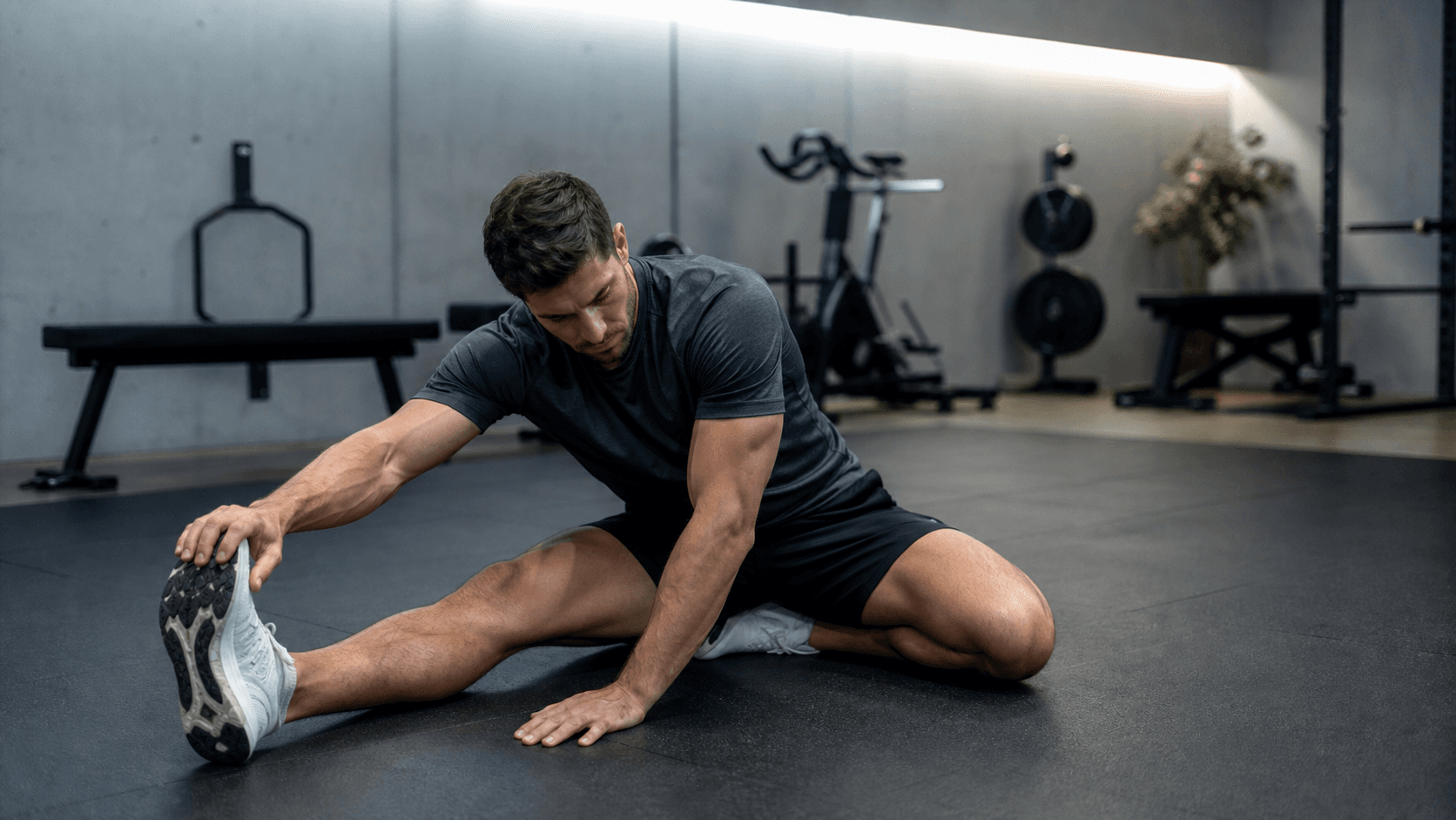 Modern performance lab showing athlete in deep recovery stretch post-training, minimal contemporary equipment in soft background, emphasizing precision optimization.