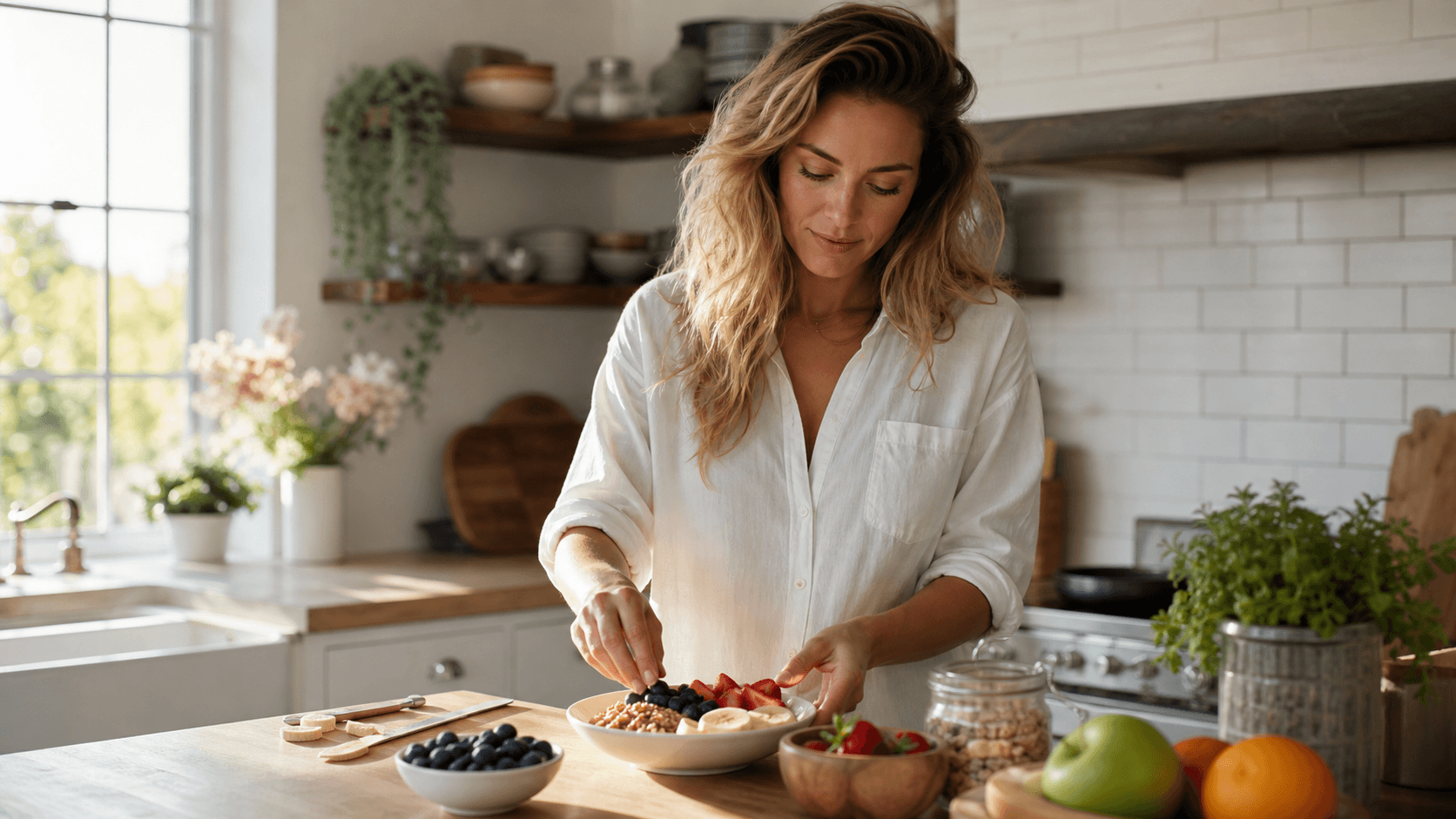 A composed adult in a bright morning kitchen preparing a simple, balanced breakfast with relaxed, unhurried movements.