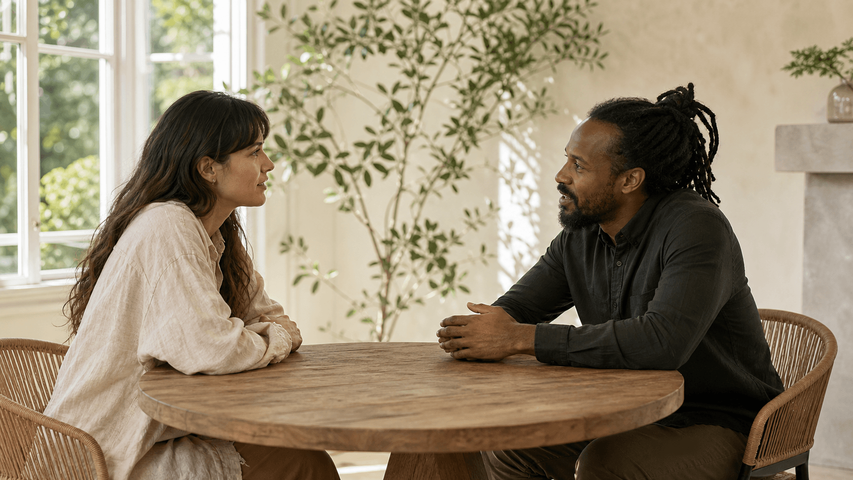 A calm consultation scene with two adults speaking across a small minimalist table in soft daylight, focused on thoughtful decision-making.
