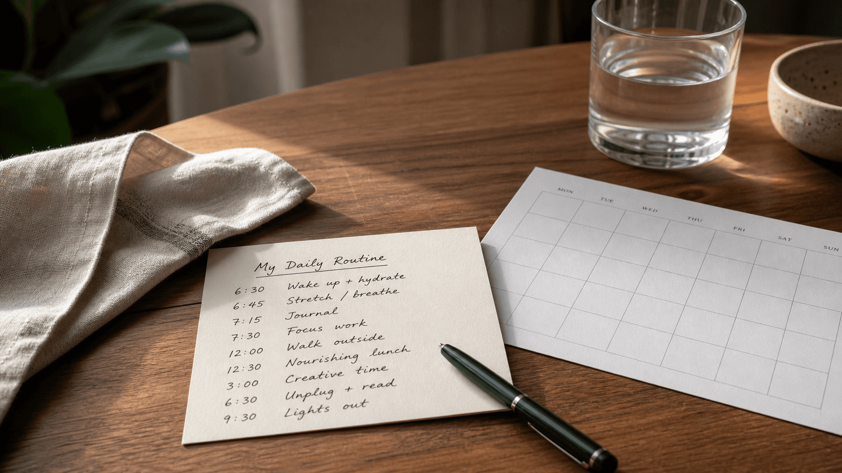 A close tabletop scene of a handwritten routine card and calendar with morning light, conveying tactile clarity and intentional protocol.