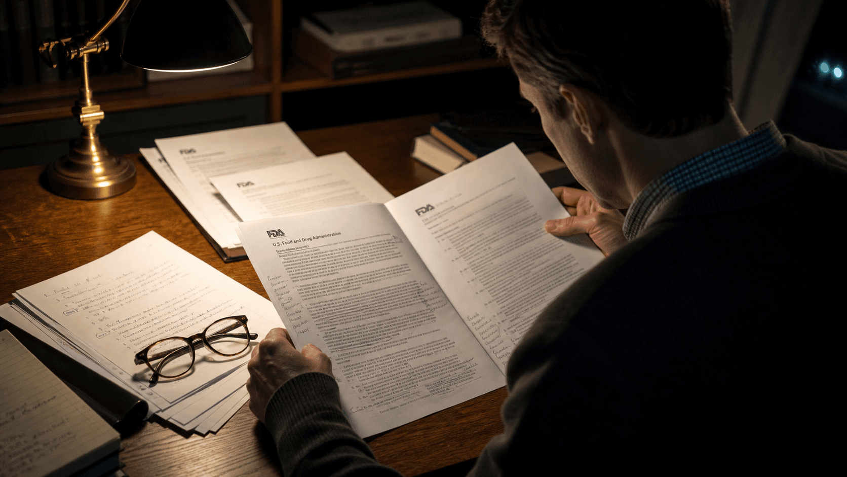 An evidence-review desk with FDA documents, careful research notes, and contemplative focus.