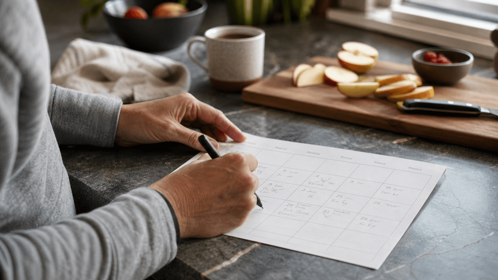 Close-up of a weekly home routine: a hand, a calendar, and a simple countertop setup that suggests repeatable real-world follow-through.