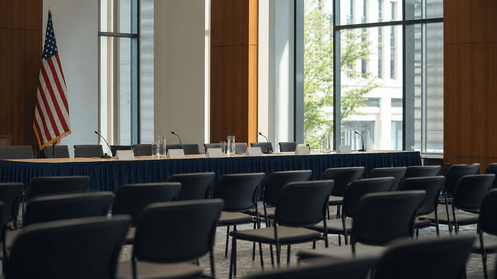 A medium-distance conference-room scene before a public advisory meeting, with empty chairs, name placards, and bright daylight.