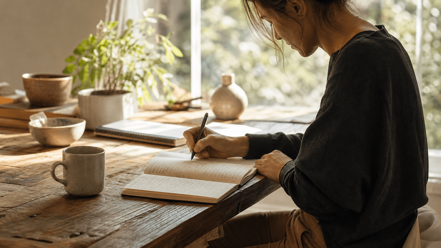 A quiet morning workspace with handwritten notes and soft natural light.