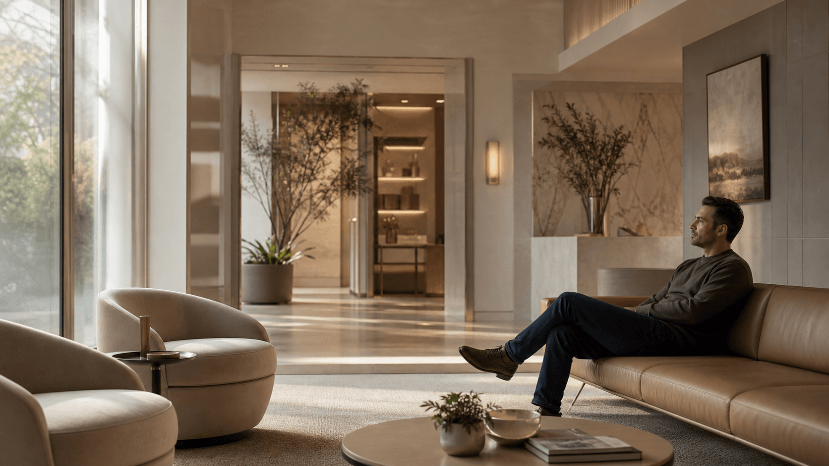 A wider wellness-clinic waiting area scene with polished design and a subtle sense of ambiguity rather than medical certainty.