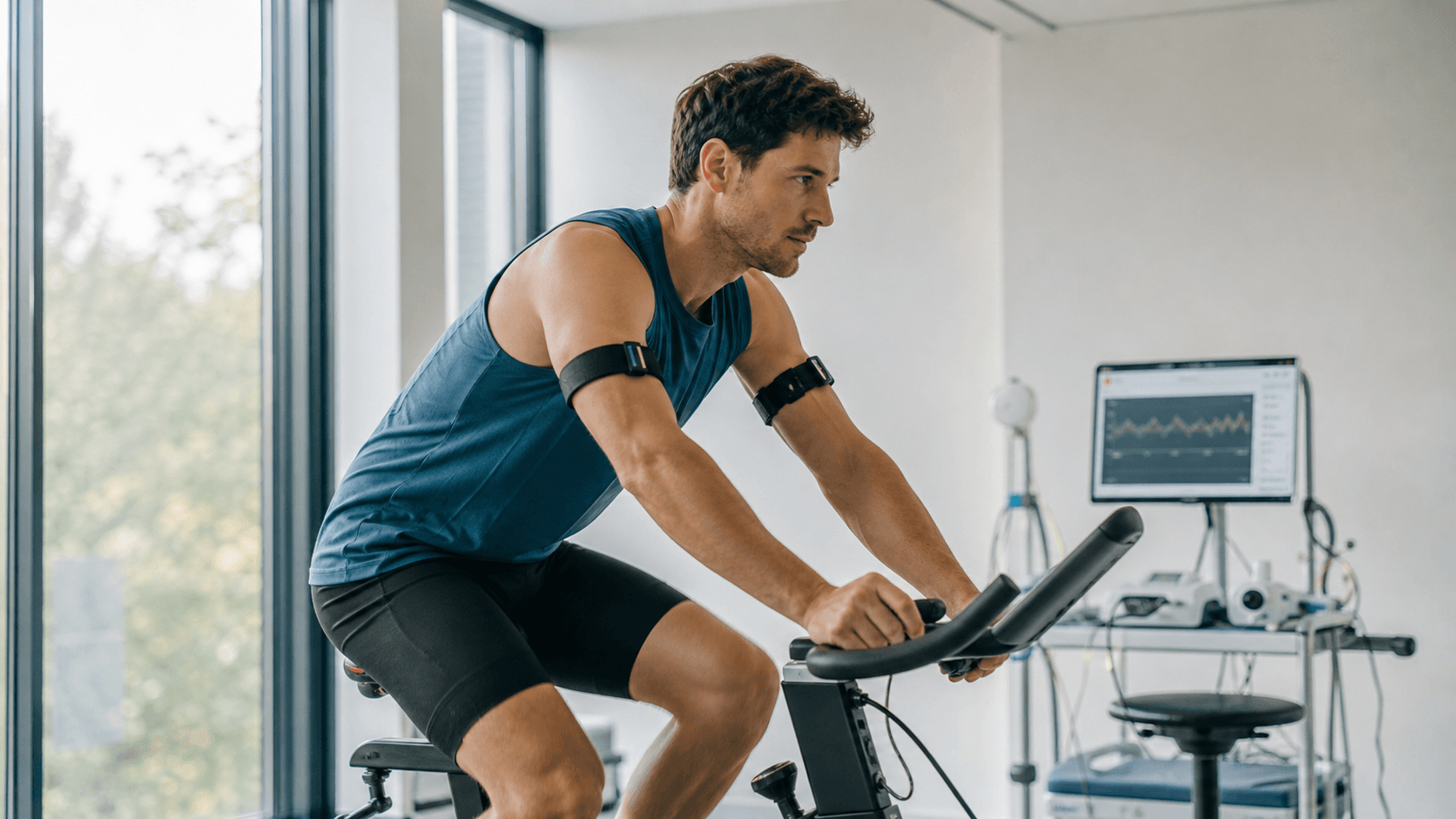 An indoor metabolic performance lab scene with an adult on a stationary bike under bright directional light, sensors visible on arms.