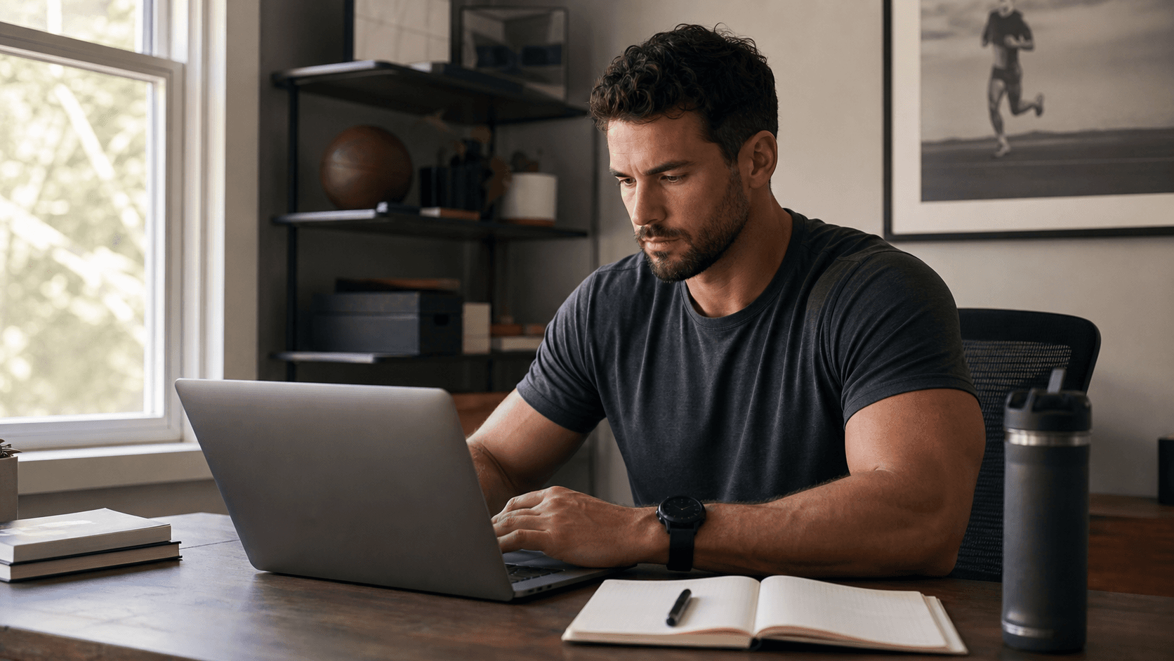 A thoughtful athlete reading policy documents on a laptop in a quiet home office.
