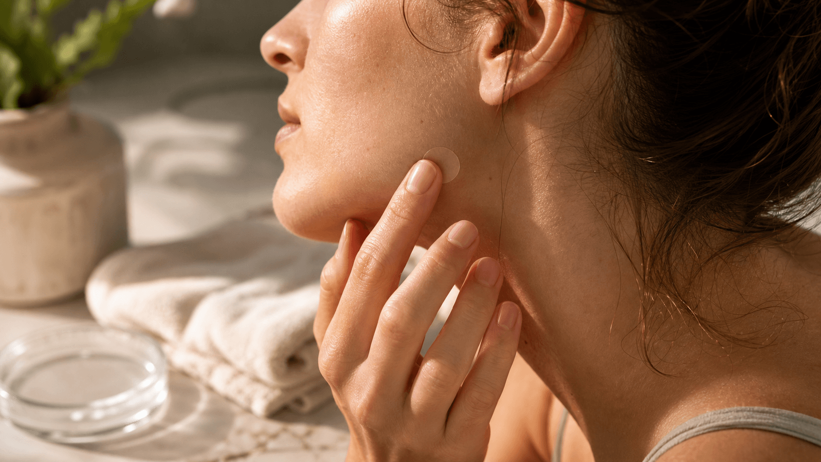 A close skincare vanity scene showing a small jawline patch test in warm daylight.
