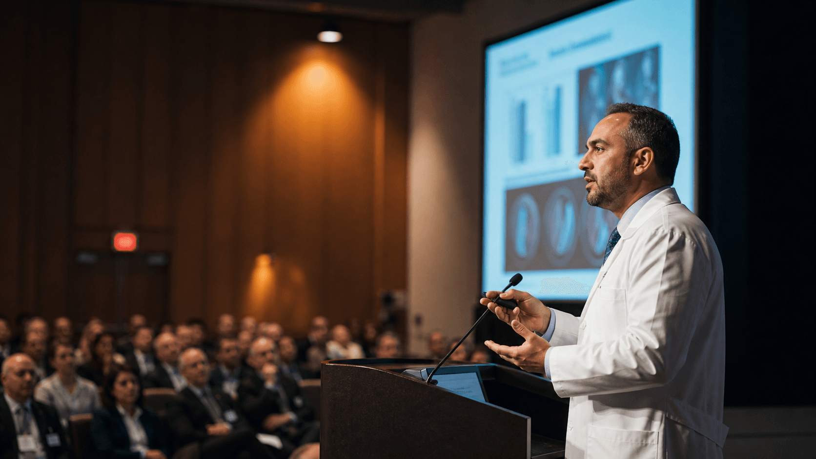 A research-conference style scene with a physician investigator speaking beside a large clinical screen in warm auditorium light.