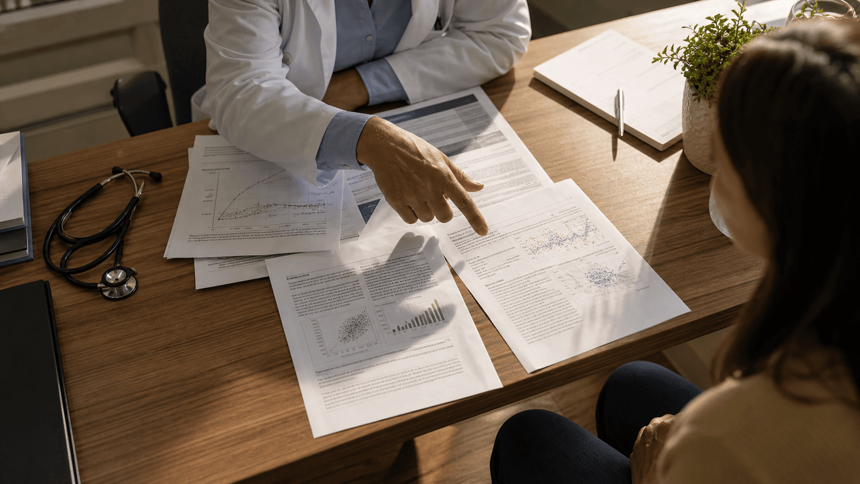 Endocrinology consultation showing clinician's hand gesturing toward established medical research papers and patient charts in afternoon light.