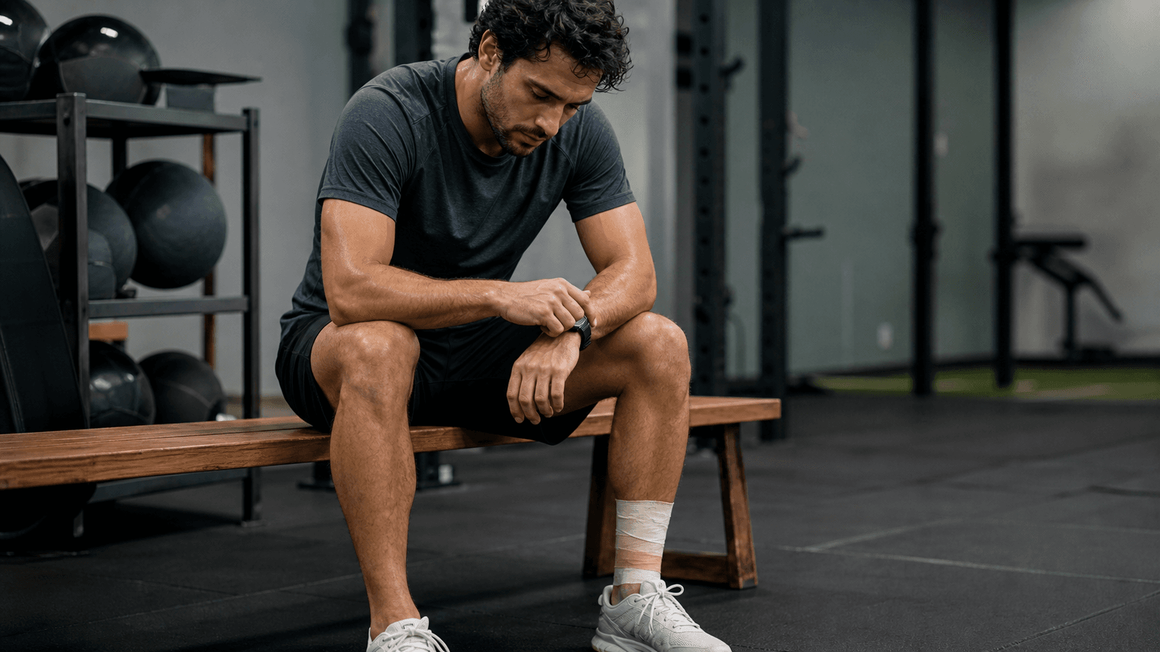 A moody training-facility scene with a runner seated on a bench after rehab work, checking elapsed time on a simple watch under soft overhead light.