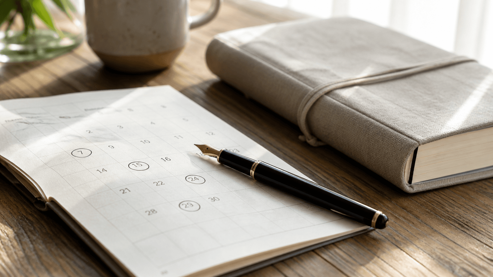 A close still life of a paper calendar with circled dates, pen, and small notebook in bright window light, emphasizing a short defined cycle.