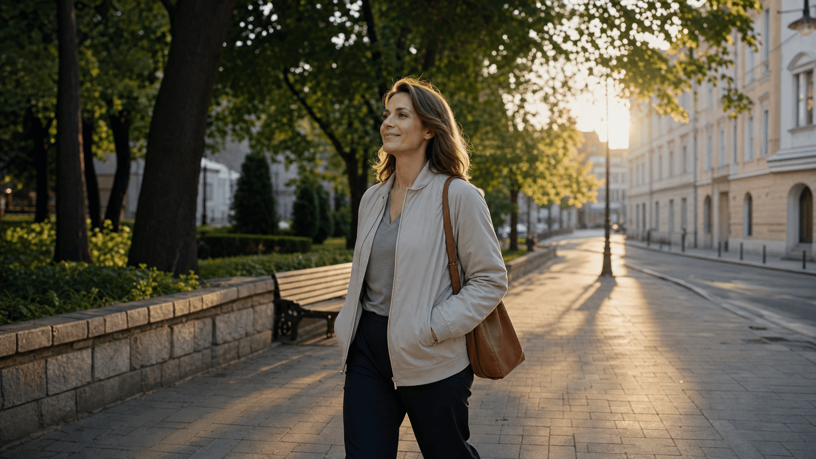 A medium-distance morning walk scene with one person moving calmly through crisp city light, looking clear-headed and composed.