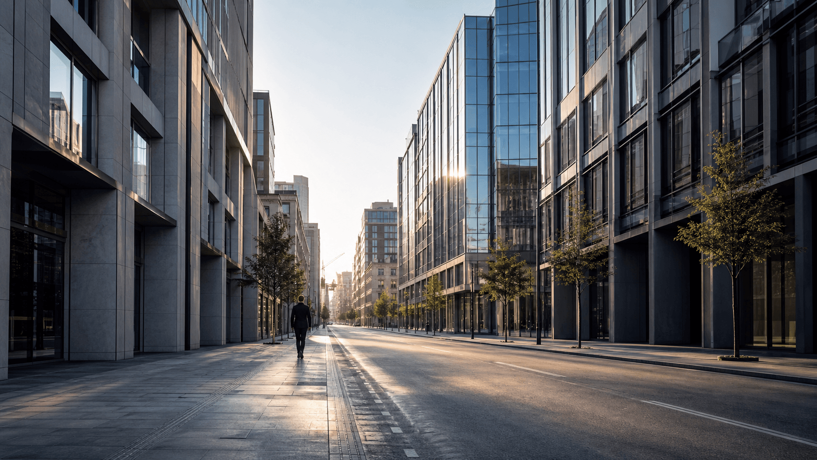 A wider morning city scene with one person walking outside after sunrise, reflective and clear-headed rather than rushed.
