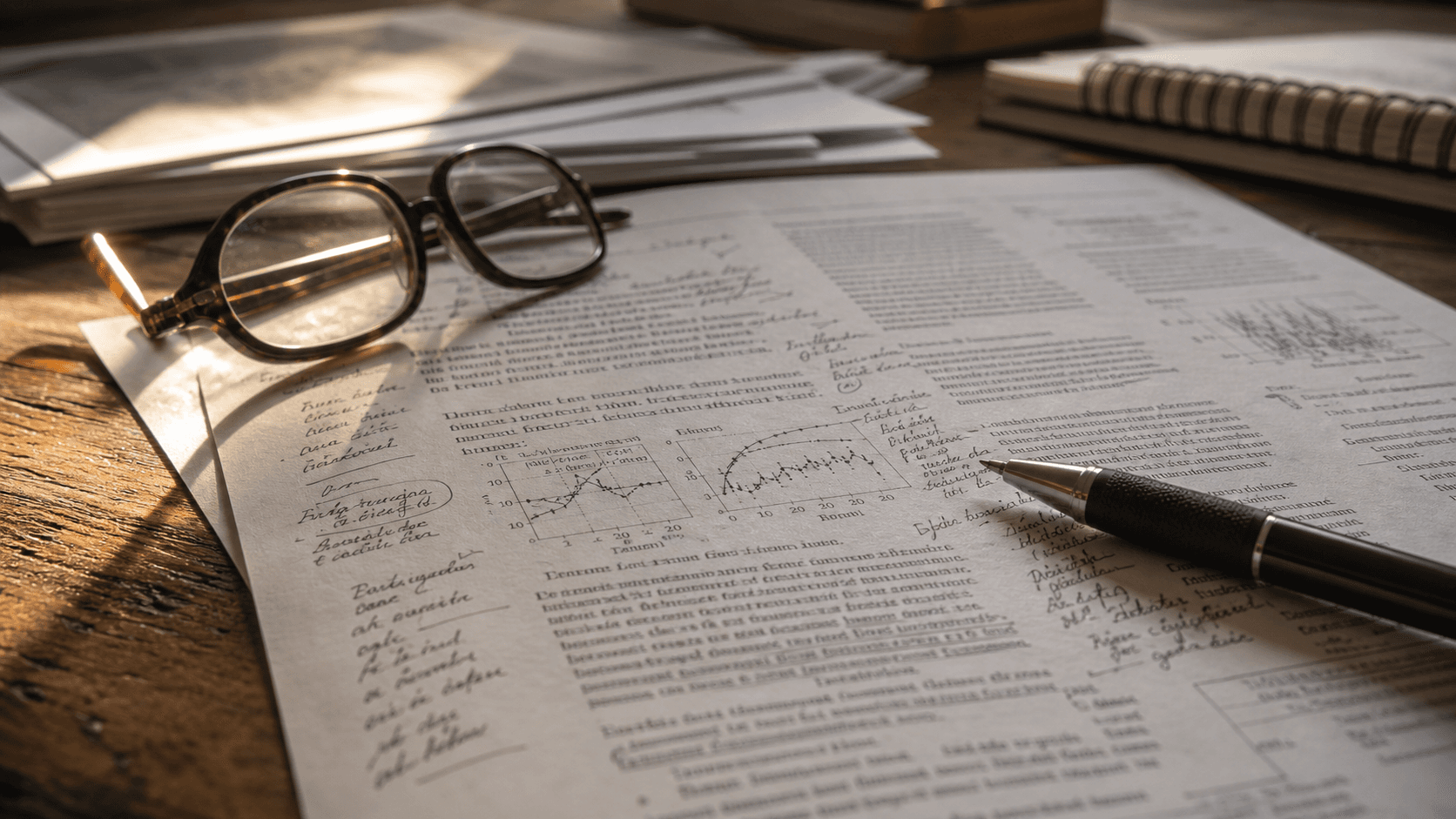 A close editorial study scene with marked-up journal pages, a pen, and warm late-afternoon light across a wooden table.