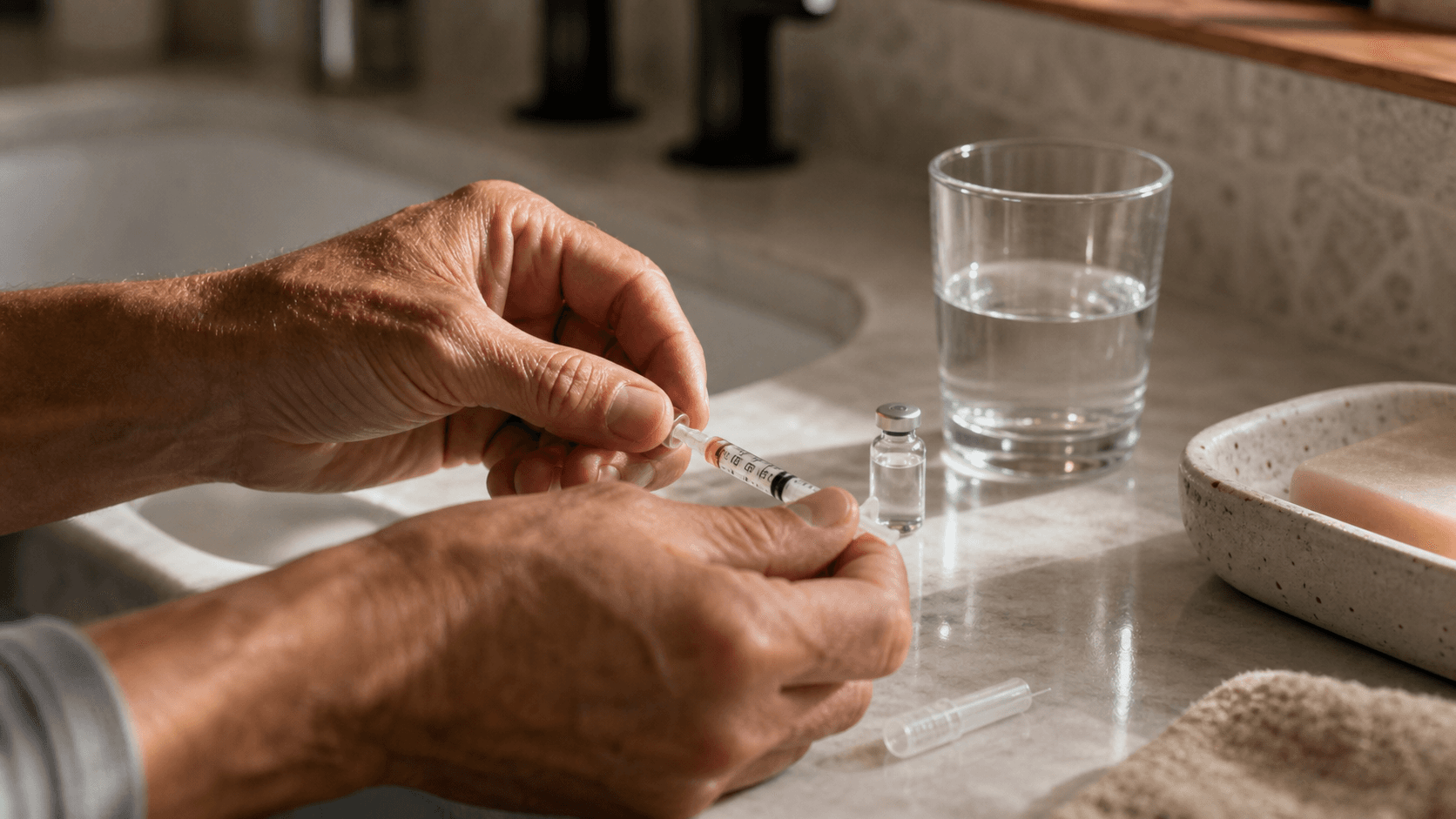Hands preparing a daily injection on a bathroom counter in morning light, calm and routine.