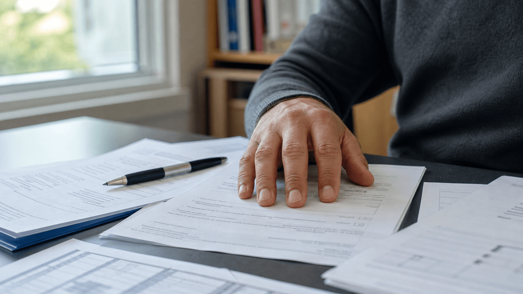 A close-up research-desk scene showing enrollment paperwork, consent forms, and a hand resting near study materials in daylight.