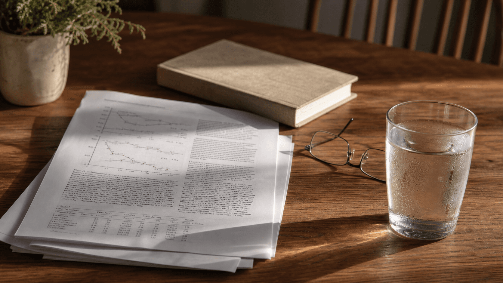 A close, editorial-style table scene with a glass of water, a plain notebook, and printed study pages in soft daylight.
