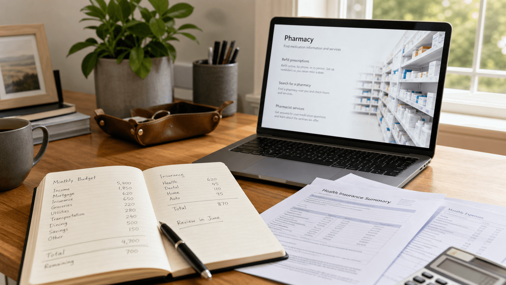 A polished, sunlit home office desk with budgeting notes, insurance paperwork, and a laptop showing pharmacy information, with subtle healthcare cues.