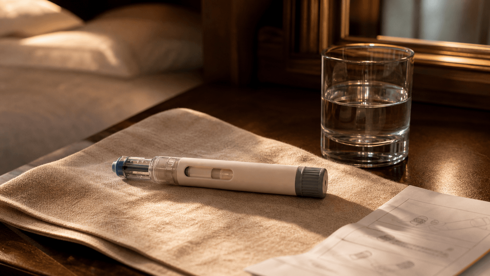 A warm tabletop with an autoinjector, instruction card, and water glass on fine linen—the actual preparation moment.