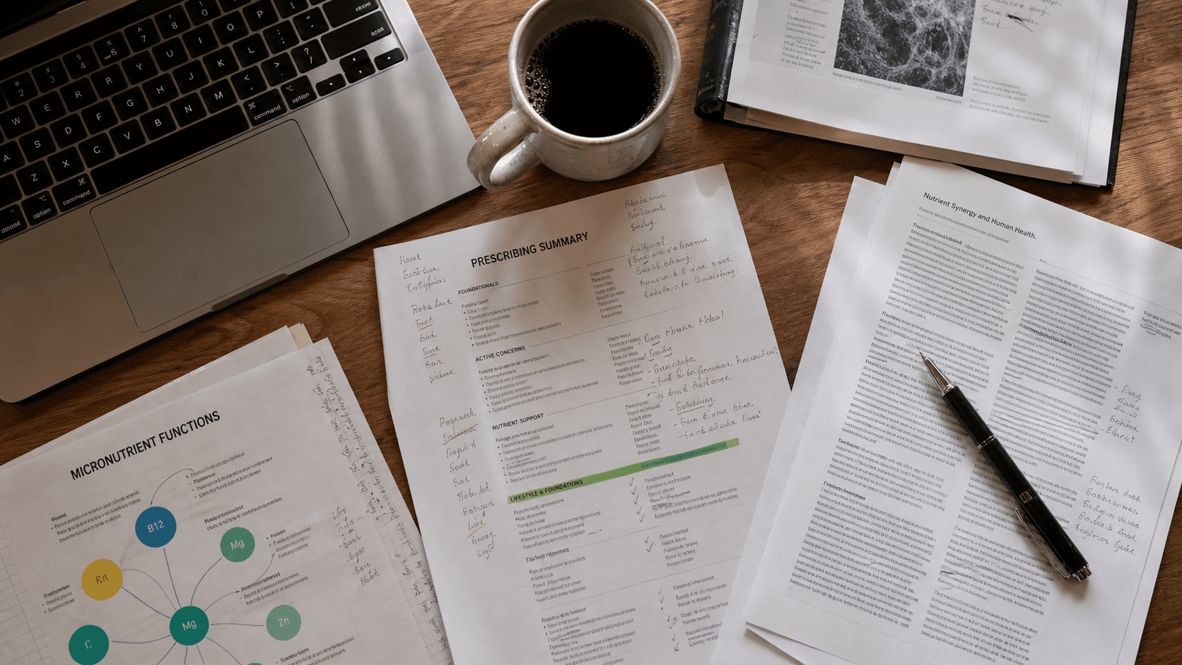 An overhead desk scene with printed prescribing research, laptop, pen, and coffee, bathed in natural light.