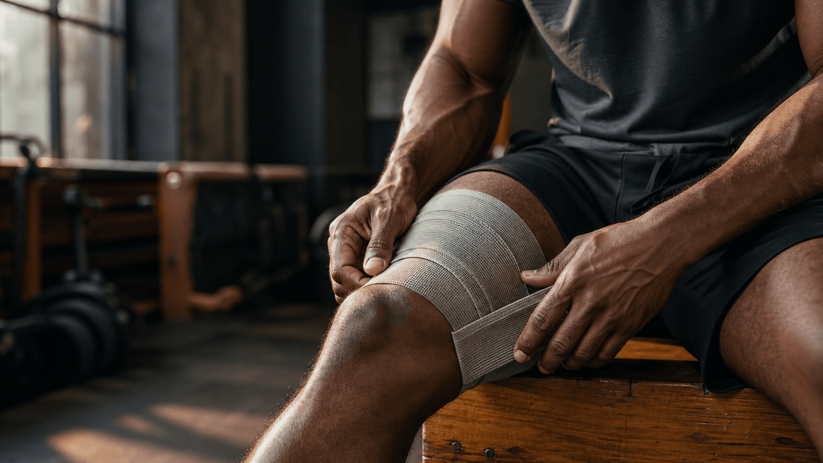 A close-up recovery scene with an athlete seated on a training bench wrapping a knee or thigh in soft side light.