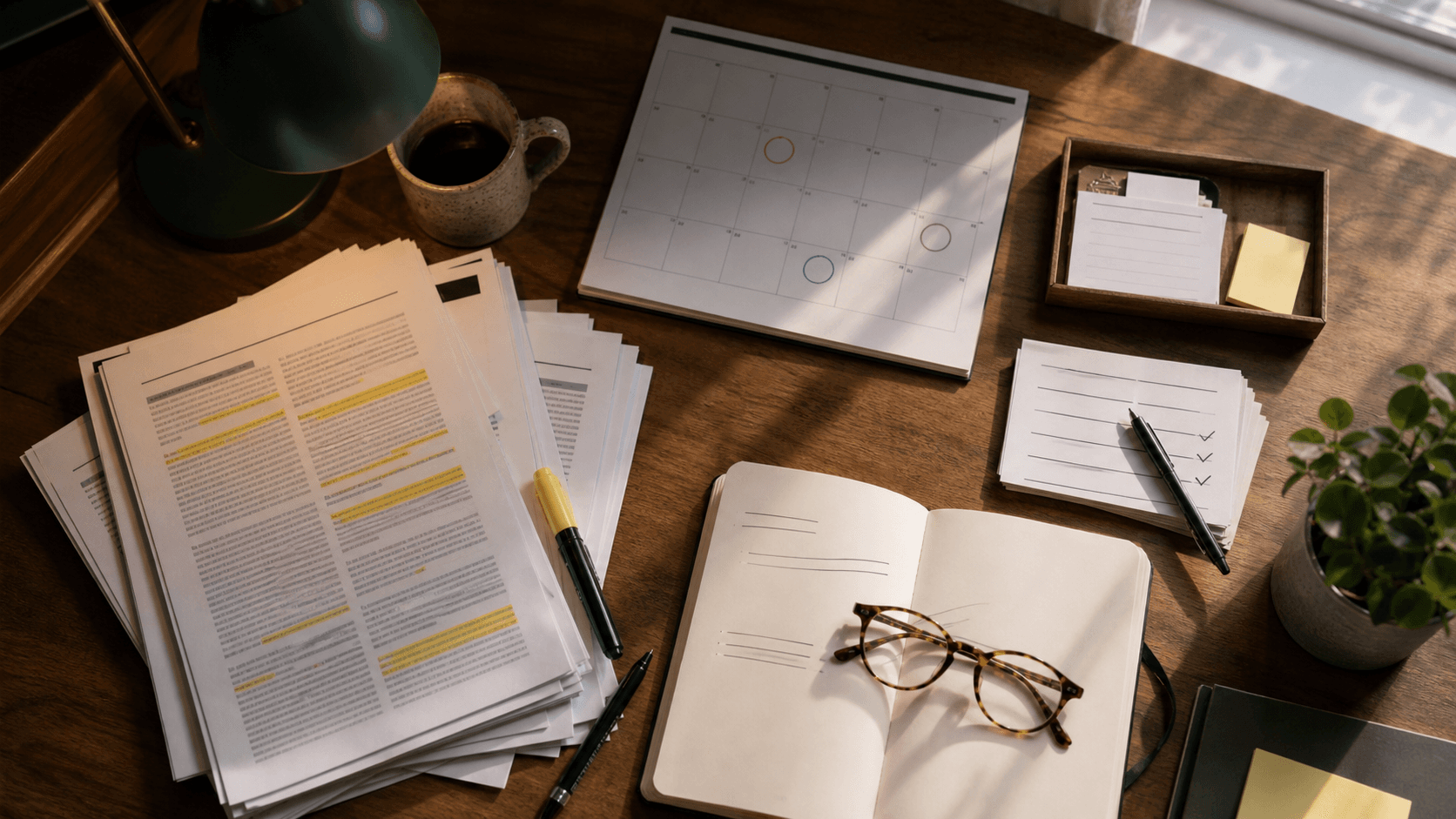 An overhead desk scene with printed studies, a notebook, and a rehab calendar, emphasizing careful evidence-checking.