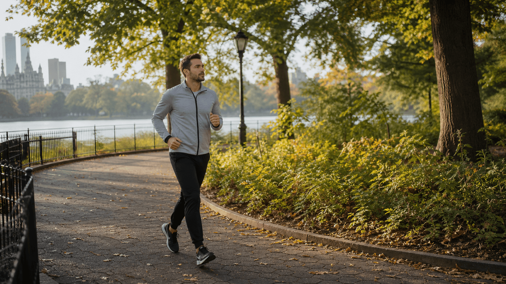 An adult walking confidently through a city park in morning light, suggesting routine momentum and real-world vitality.