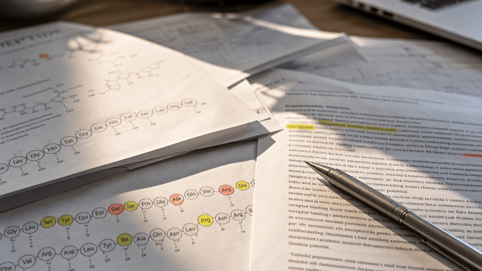 A close desk-level view of printed peptide notes, highlighted sequence fragments, and a pen beside a laptop, suggesting careful evidence sorting.