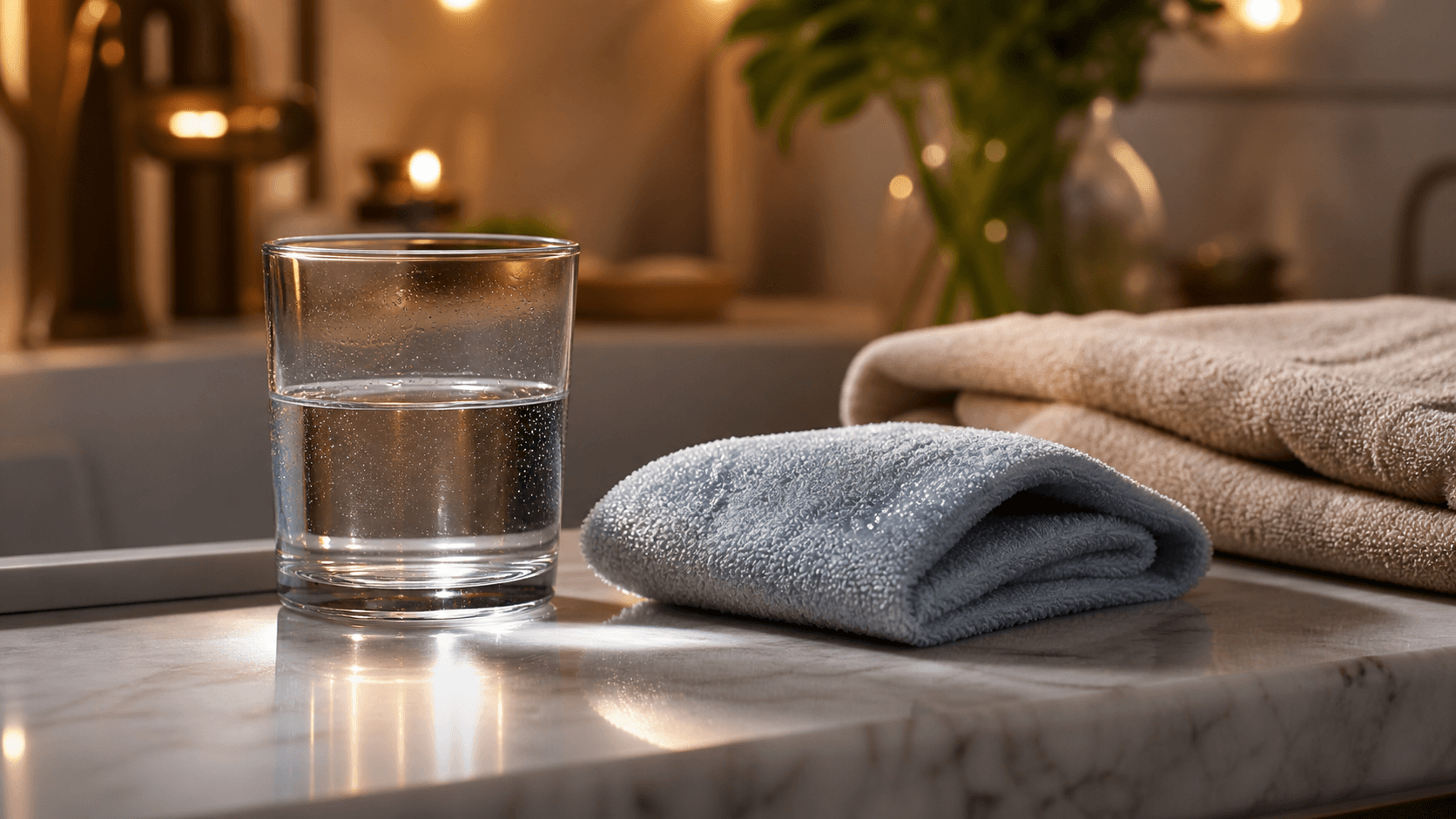 A close-up vanity still life with a glass of water, a folded cool washcloth, and soft warm bathroom light, suggesting early side-effect management without showing any branded product.